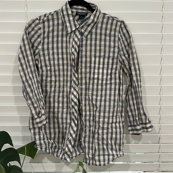LUCKY BRAND ✨ 3/4 Sleeve Plaid Button Down Up Business Blue White Womans Small - Picture 1 of 7